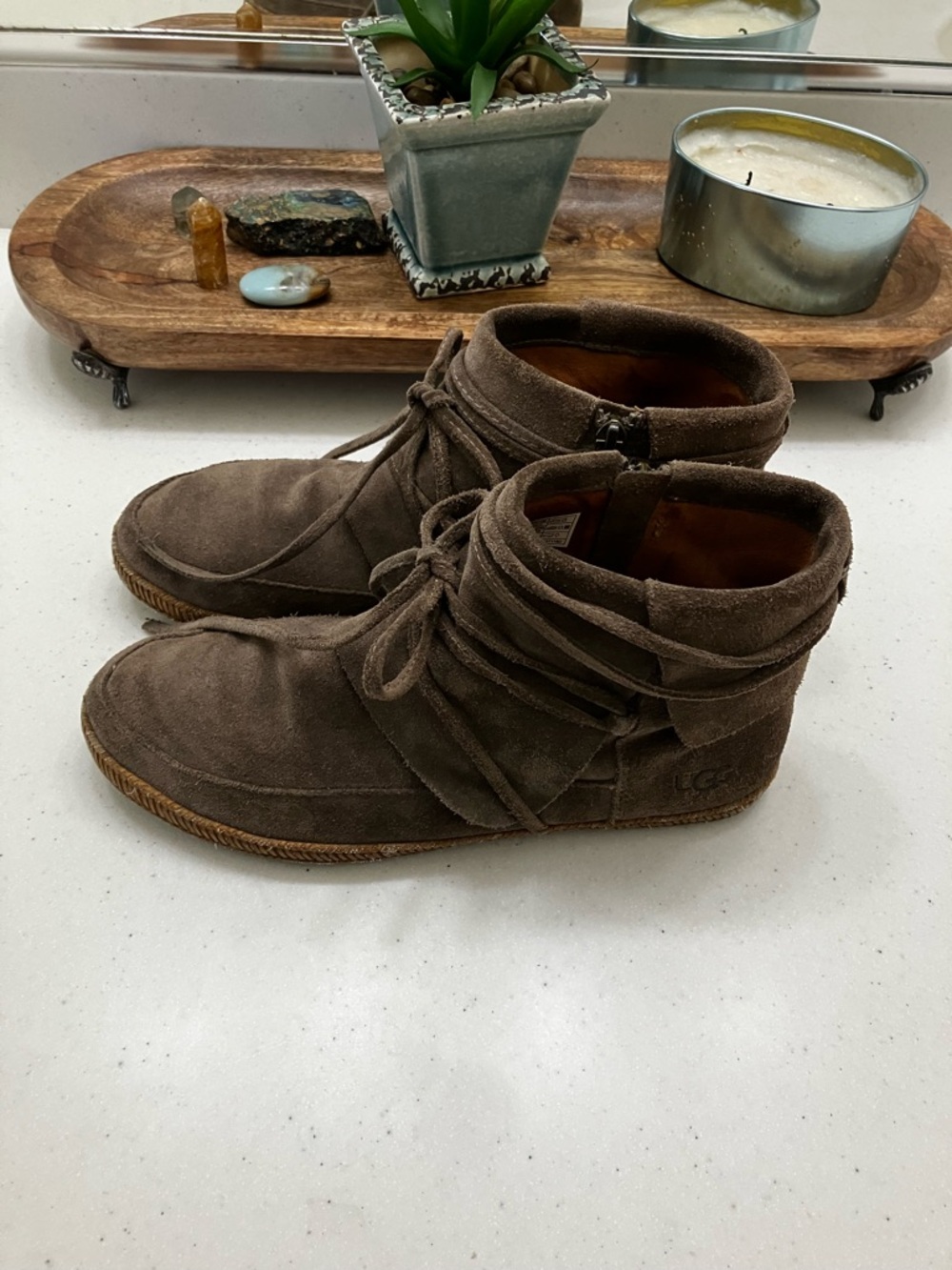 UGG Reid Moccasin Ankle Boots Taupe Suede Lace Up Side Zip Womens
